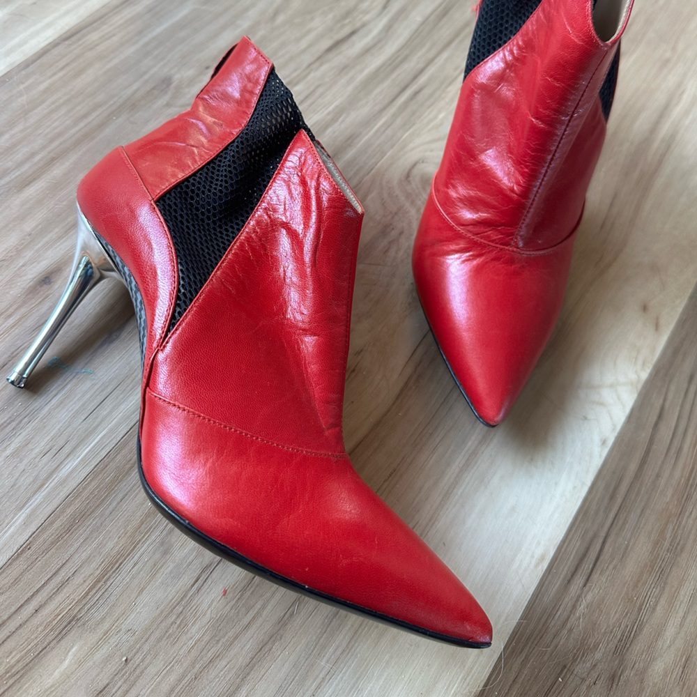 Red Leather Pointed Toe Stiletto Ankle Boots
